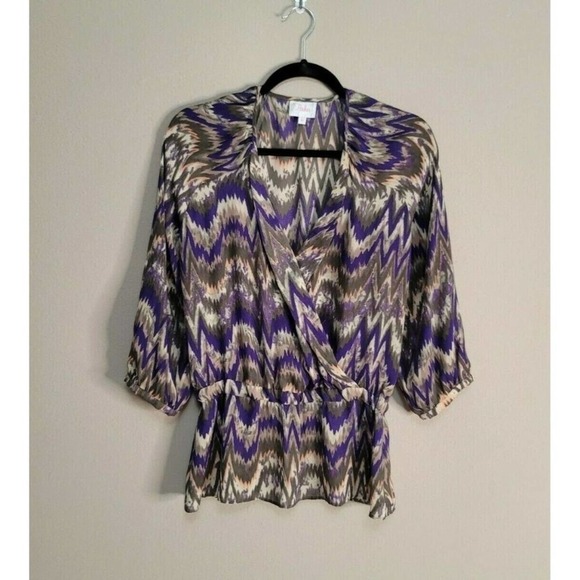 Parker Faux Wrap Chiffon 3/4 Sleeve Chevron Cinched Waist Blouse Top Size XS - Picture 4 of 8
